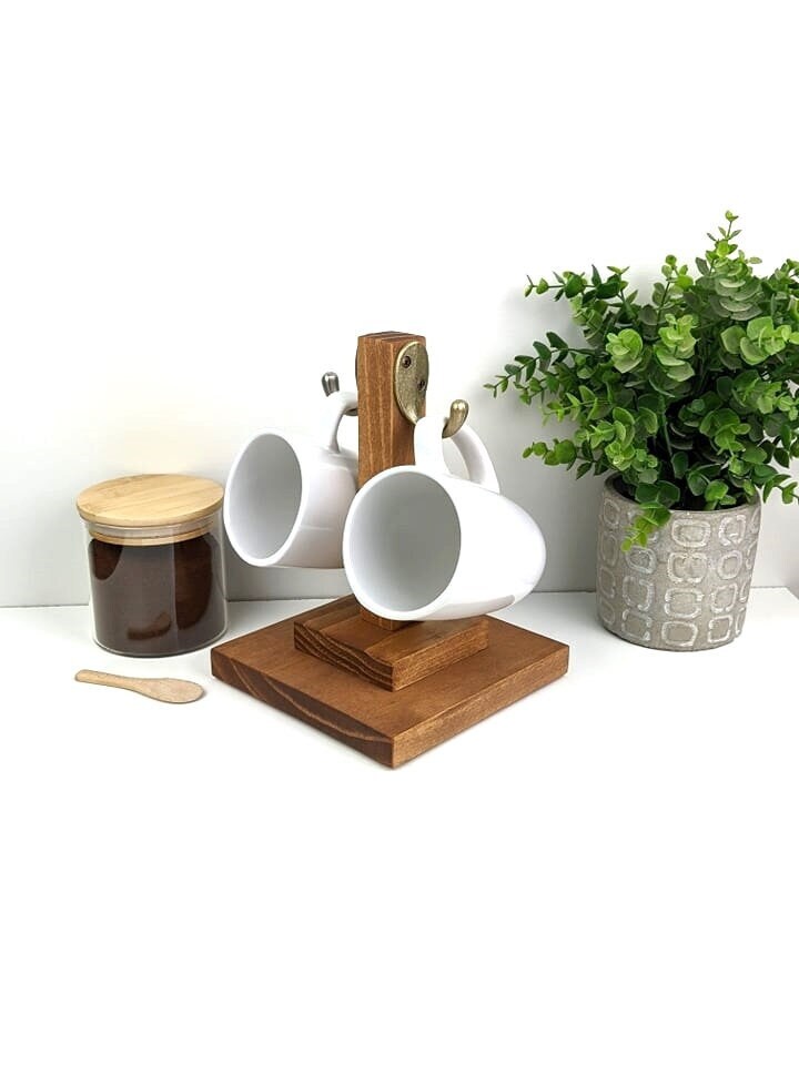 Rustic Coffee Bar Mug Hanger | 2 Hook Coffee Mug Tree | Coffee Lover Gift For Couple | Home Office Desk Mug Hanger | Kitchen Mug Display