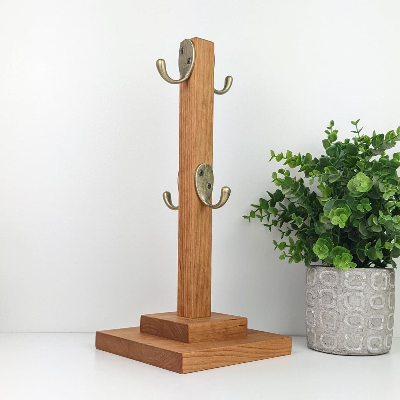 Hardwood Coffee Mug Tree | 4 Hook Coffee Mug Hanger | Coffee Bar Mug Display | Kitchen Organization