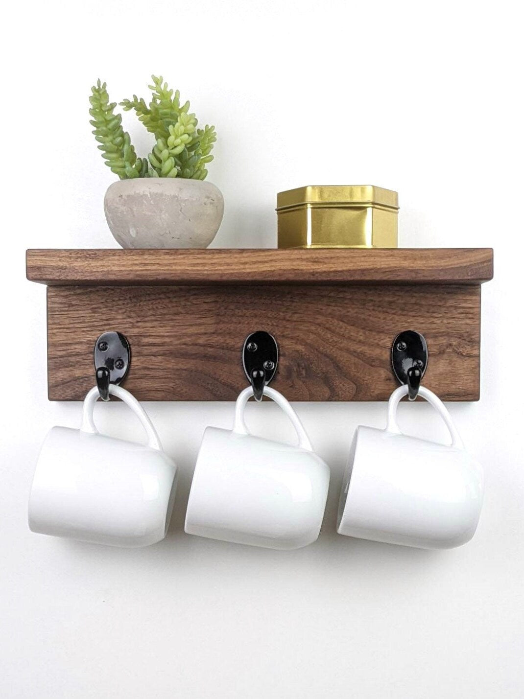 Coffee Mug Rack | Small Wall Shelf With 3 Hooks For Kitchen Or Coffee Bar | Natural Hardwood Shelf