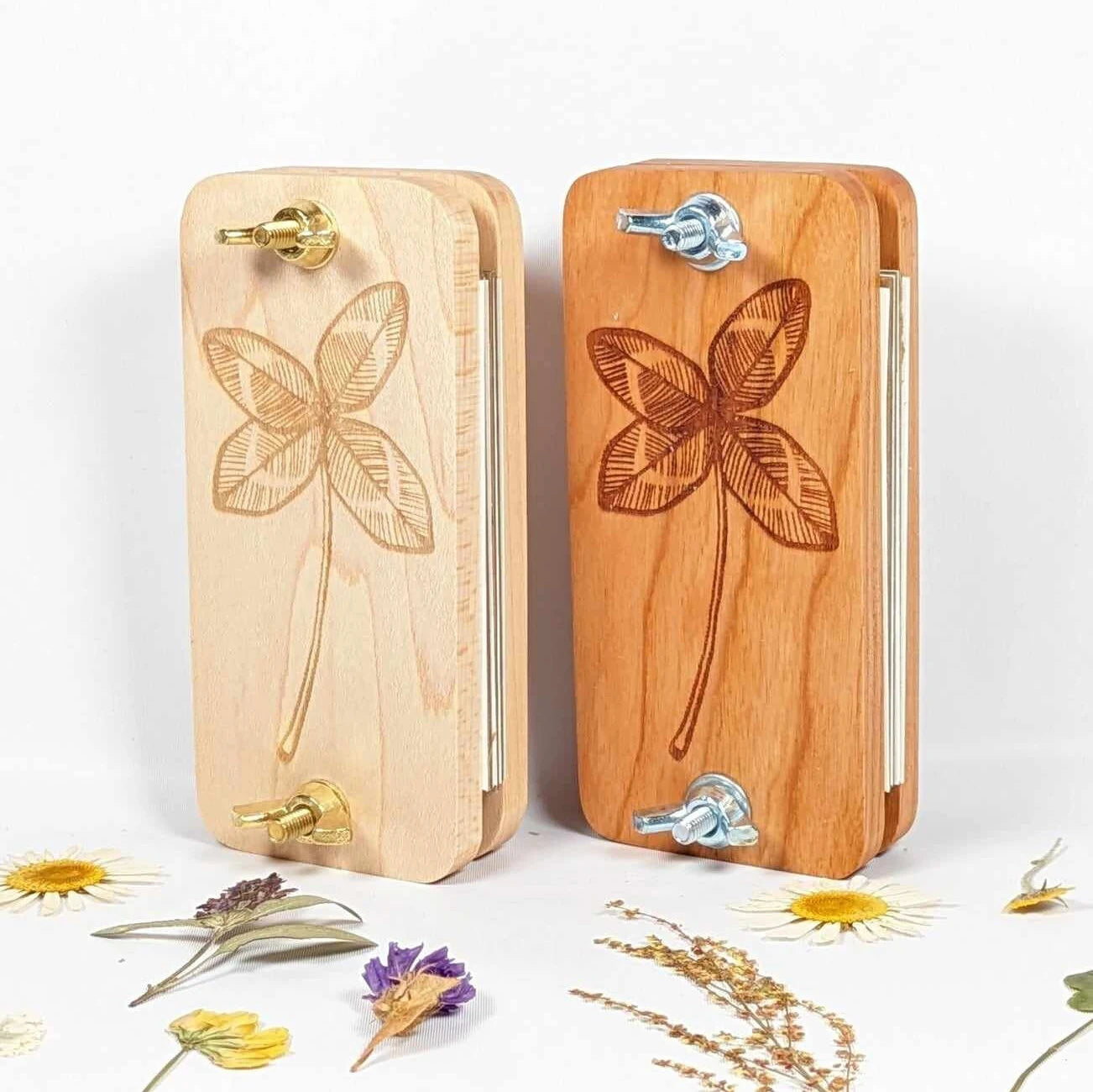 Hardwood Pocket Flower Press With 4 Leaf Clover Design | Gift For Hiker Or Traveler | 2" x 4"