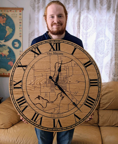 Large Personalized Wall Clock | Wooden Map Wall Clock | Unique Anniversary Gift | Custom Wedding Gift | Where We Met Map Gift