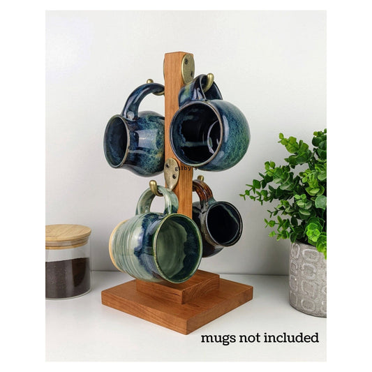 Hardwood Coffee Mug Tree | 4 Hook Coffee Mug Hanger | Coffee Bar Mug Display | Kitchen Organization