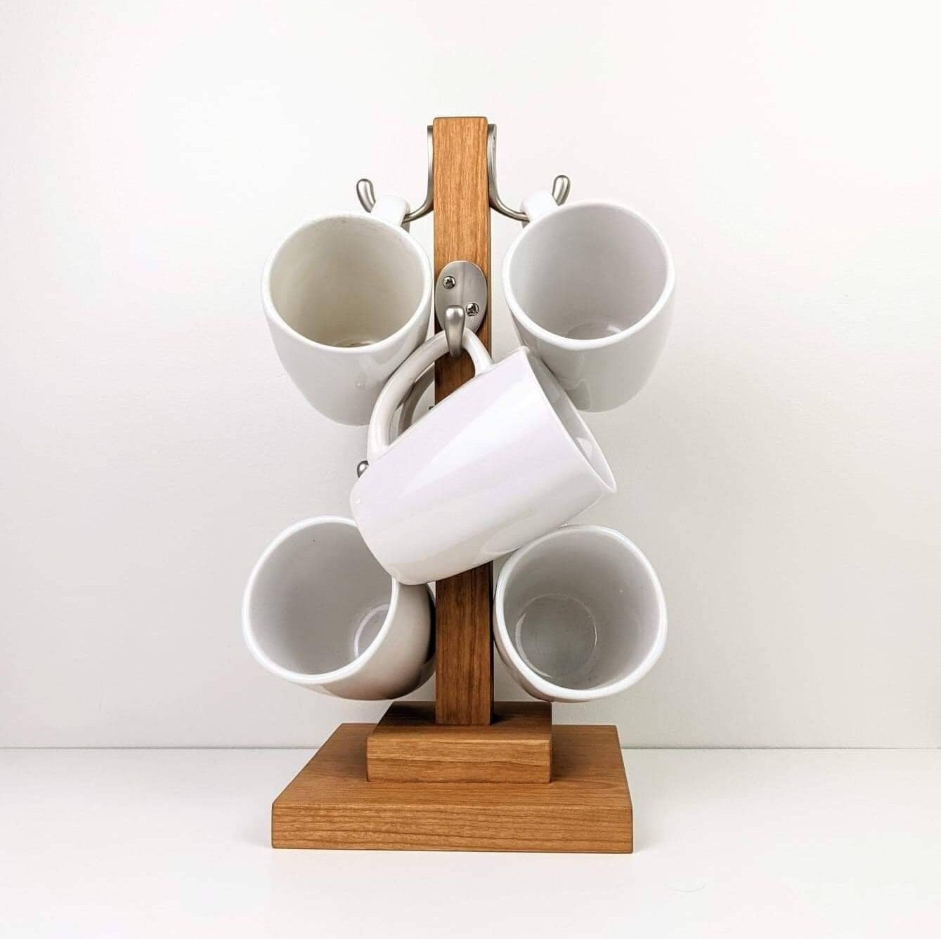 Hardwood Coffee Mug Tree | 6 Hook Coffee Mug Hanger | Coffee Bar Mug Display | Kitchen Organization