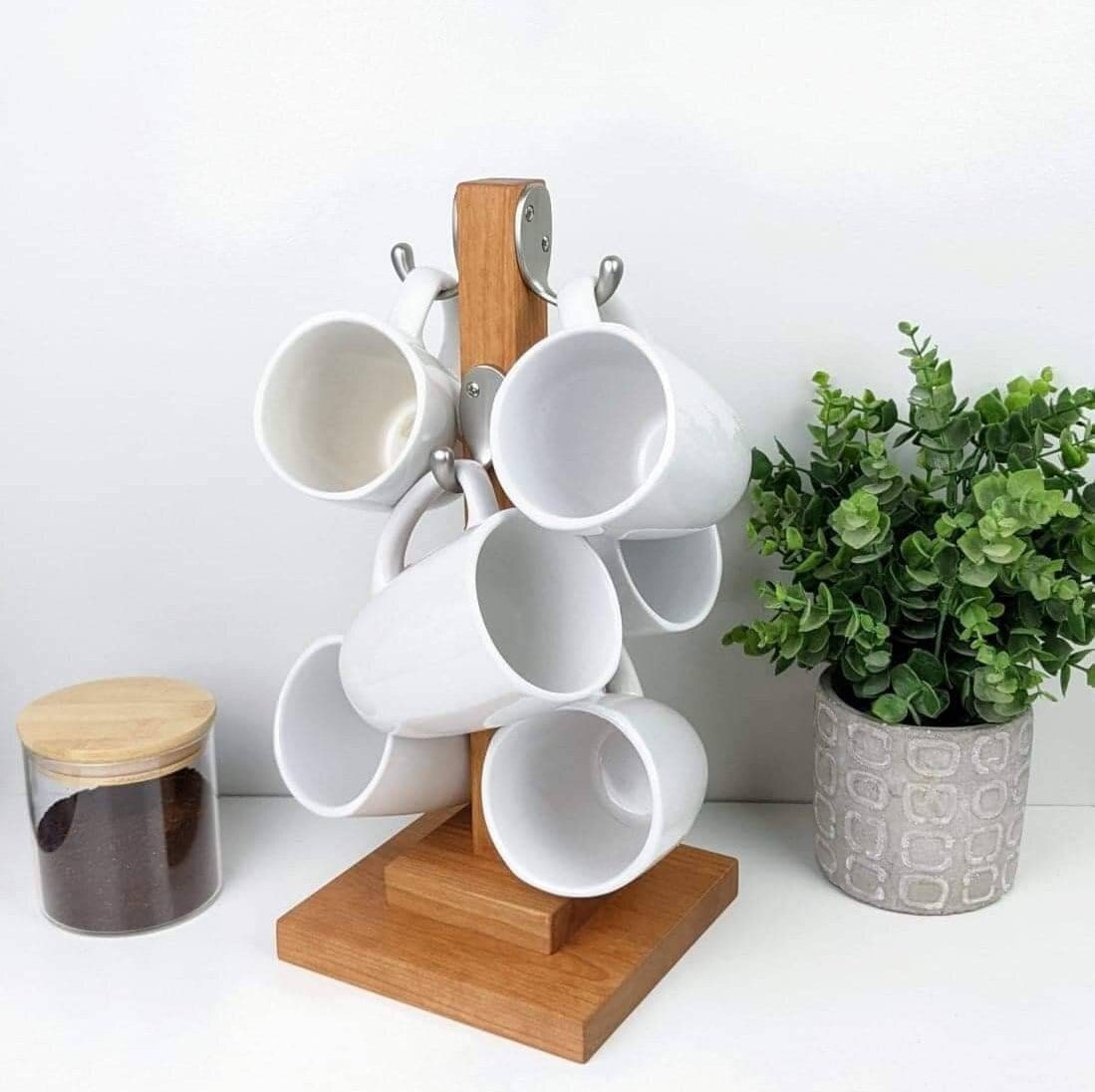 Hardwood Coffee Mug Tree | 6 Hook Coffee Mug Hanger | Coffee Bar Mug Display | Kitchen Organization