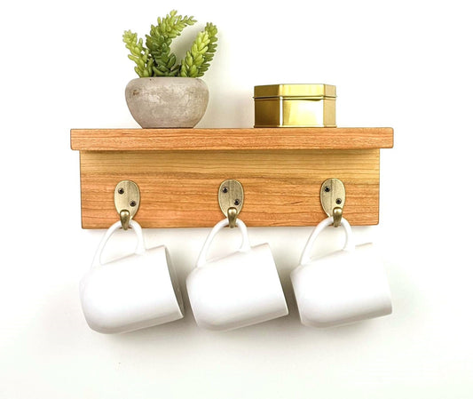 Coffee Mug Rack | Small Wall Shelf With 3 Hooks For Kitchen Or Coffee Bar | Natural Hardwood Shelf