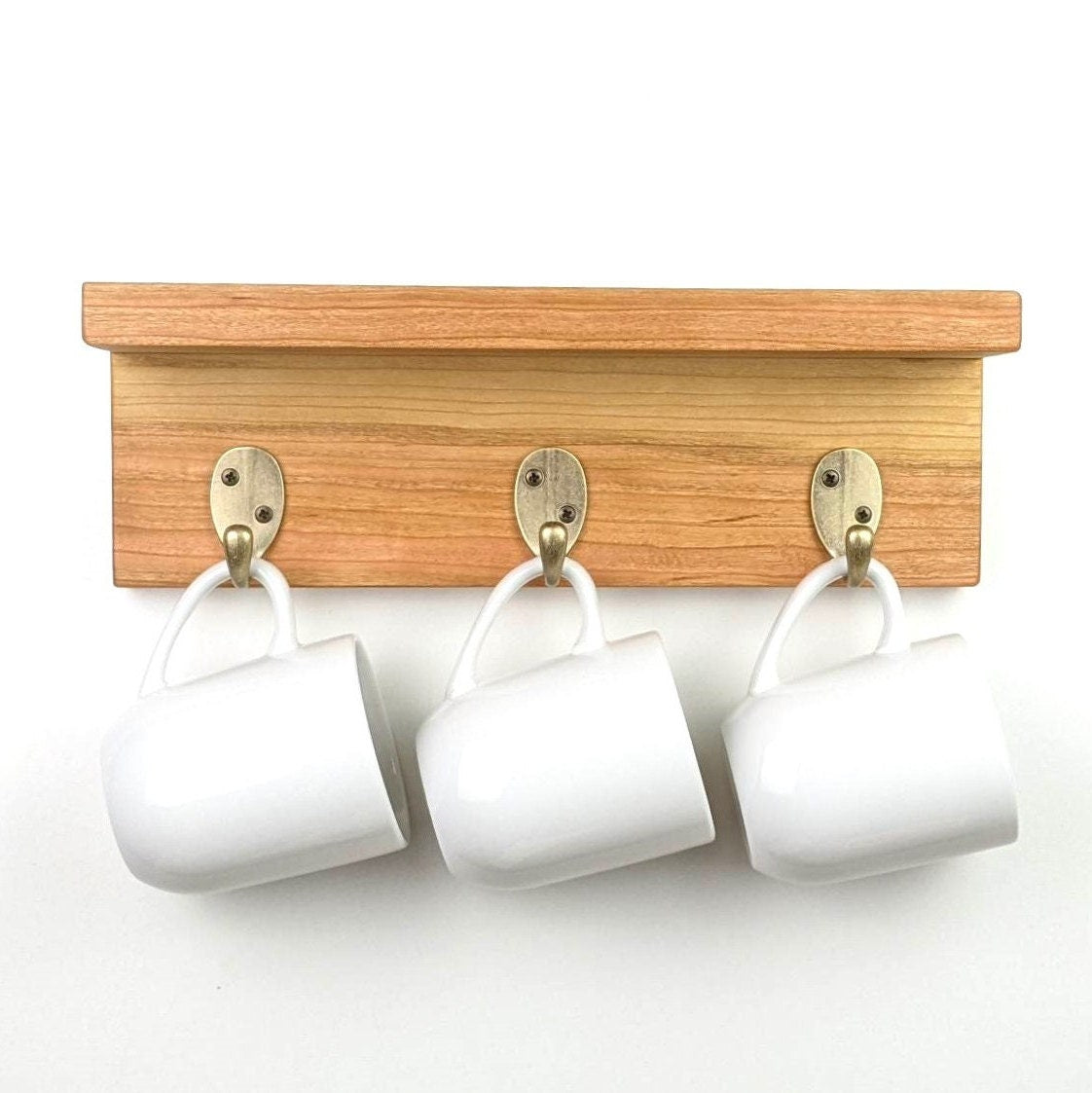 Coffee Mug Rack | Small Wall Shelf With 3 Hooks For Kitchen Or Coffee Bar | Natural Hardwood Shelf