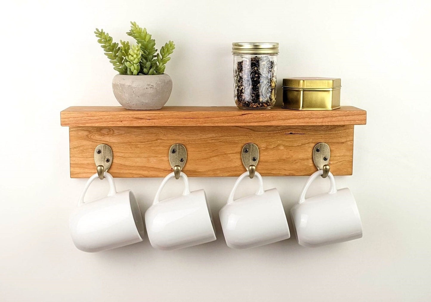 Coffee Mug Rack | Small Wall Shelf With 4 Hooks For Kitchen Or Coffee Bar | Natural Hardwood Shelf