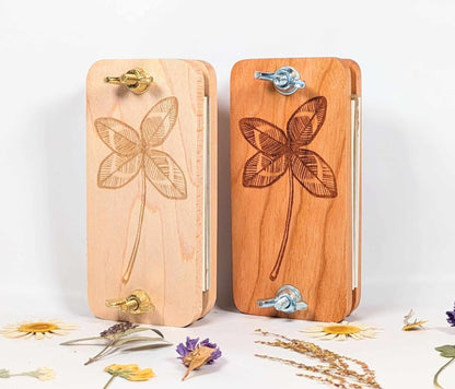 Hardwood Pocket Flower Press With 4 Leaf Clover Design | Gift For Hiker Or Traveler | 2" x 4"
