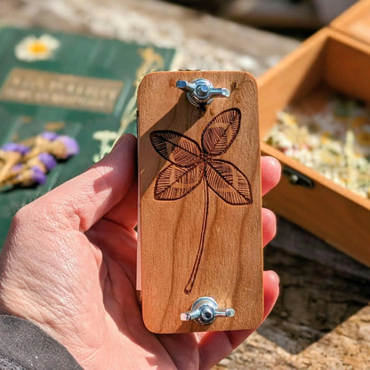 Hardwood Pocket Flower Press With 4 Leaf Clover Design | Gift For Hiker Or Traveler | 2" x 4"