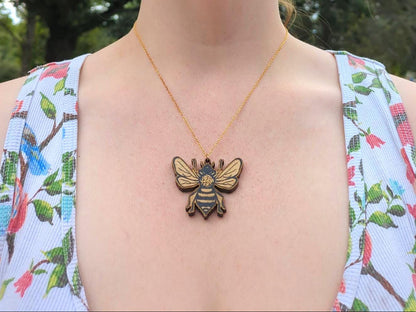 Bee Necklace | Wooden Engraved Necklace | Gift For Nature Lover | Bee Gift | Insect Jewelry | Christmas Gift For Gardener Or Nature Lover