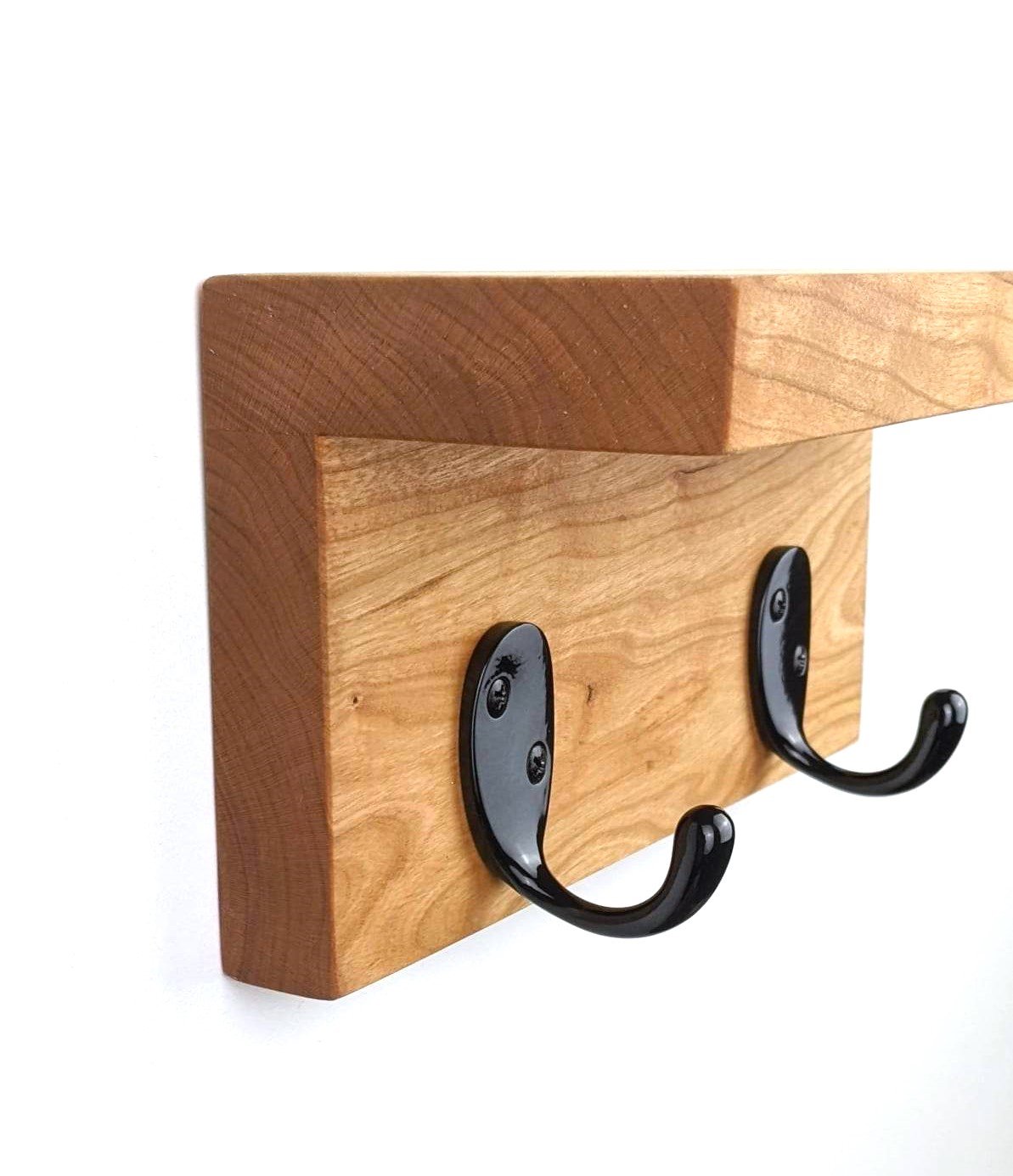 Coffee Mug Rack | Small Wall Shelf With 2 Hooks For Kitchen Or Coffee Bar | Natural Hardwood Shelf