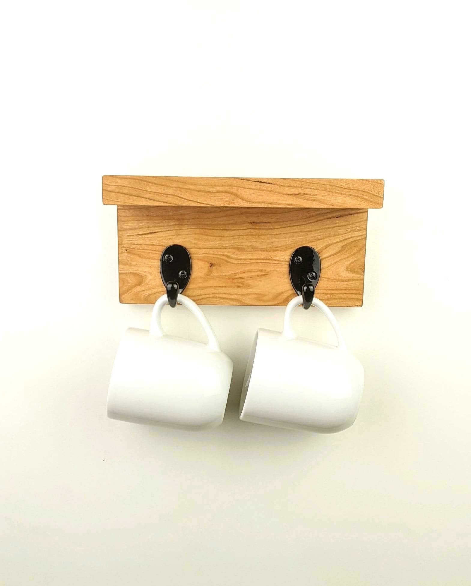 Coffee Mug Rack | Small Wall Shelf With 2 Hooks For Kitchen Or Coffee Bar | Natural Hardwood Shelf