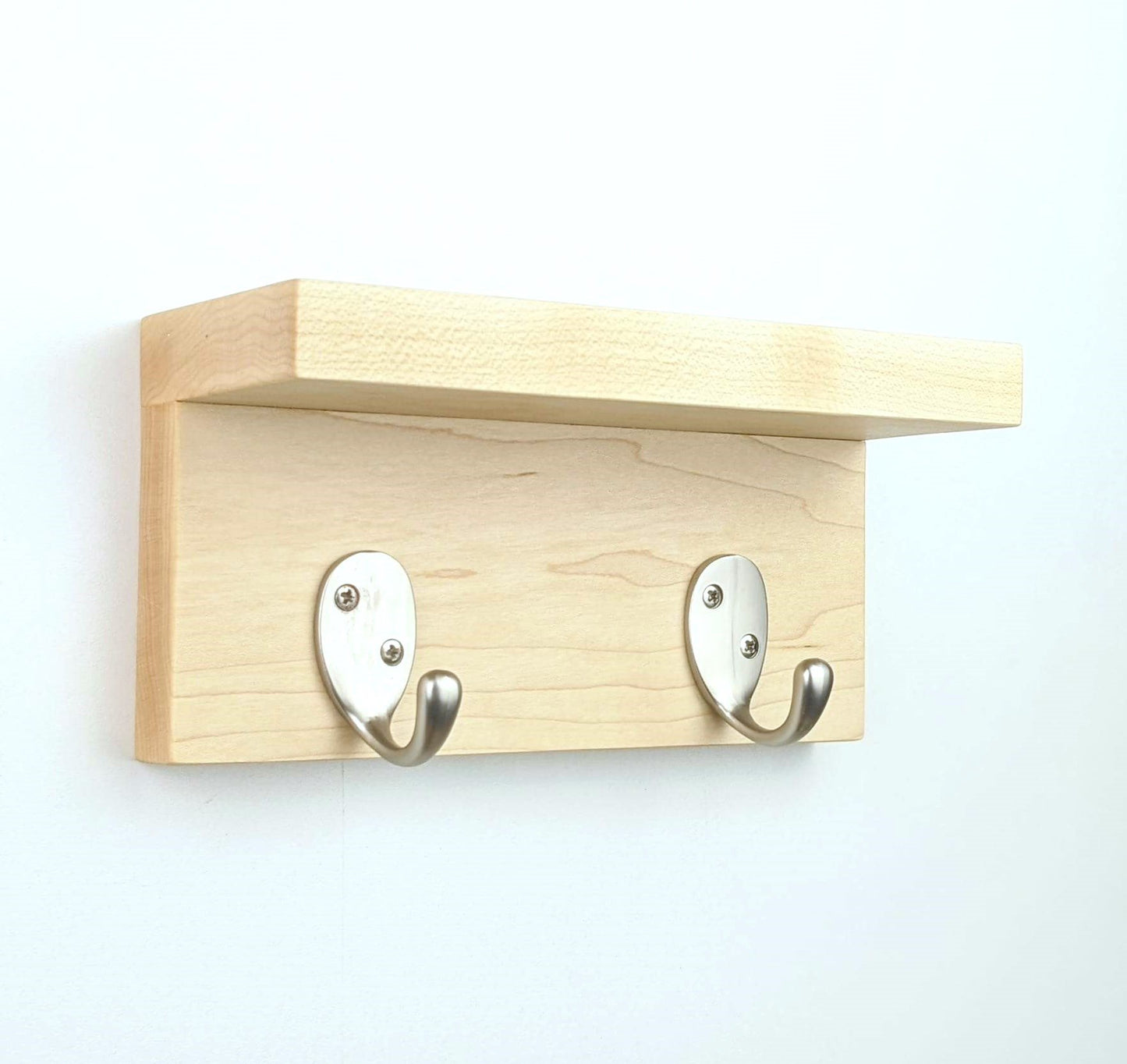 Coffee Mug Rack | Small Wall Shelf With 2 Hooks For Kitchen Or Coffee Bar | Natural Hardwood Shelf