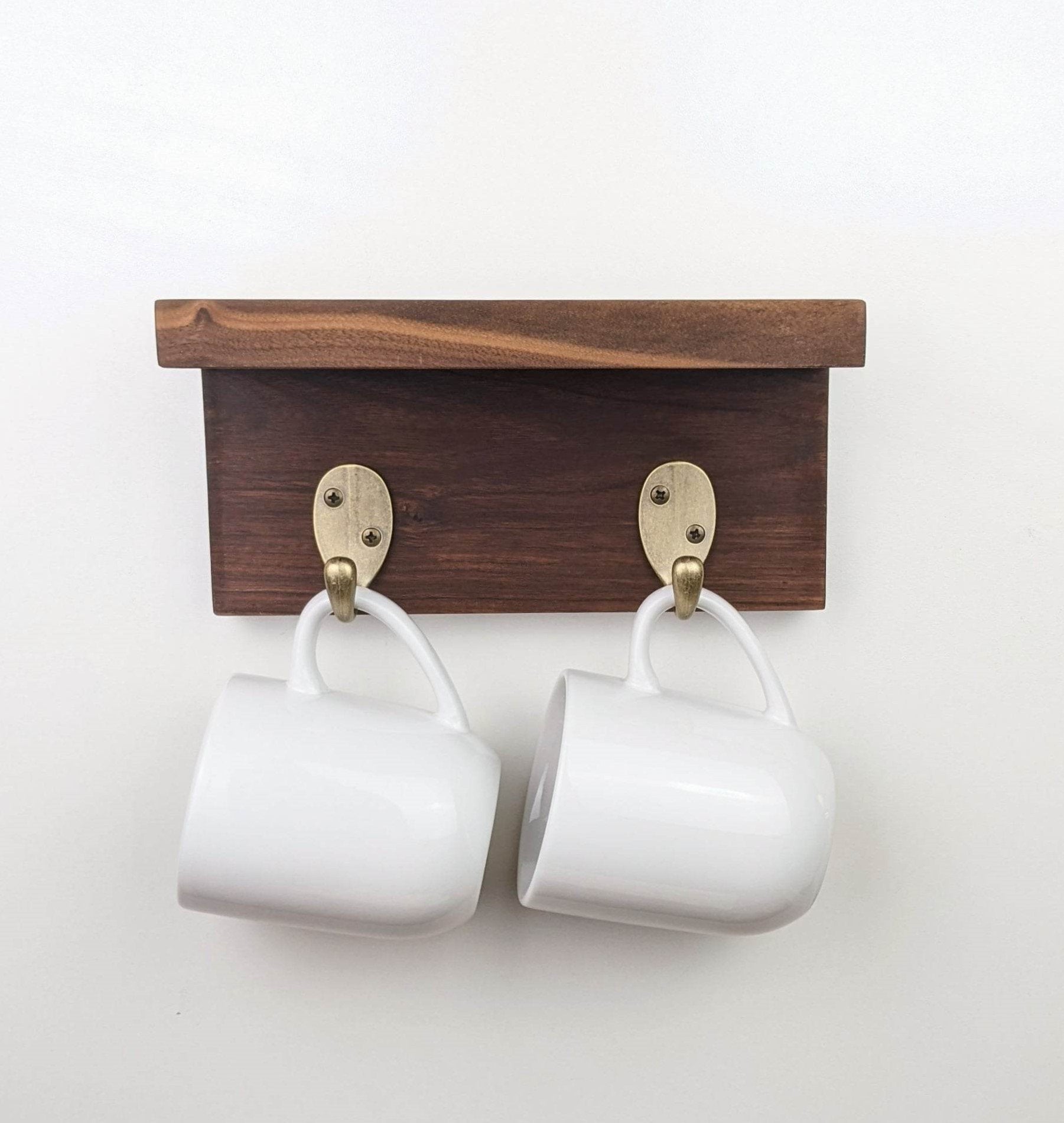 Coffee Mug Rack | Small Wall Shelf With 2 Hooks For Kitchen Or Coffee Bar | Natural Hardwood Shelf